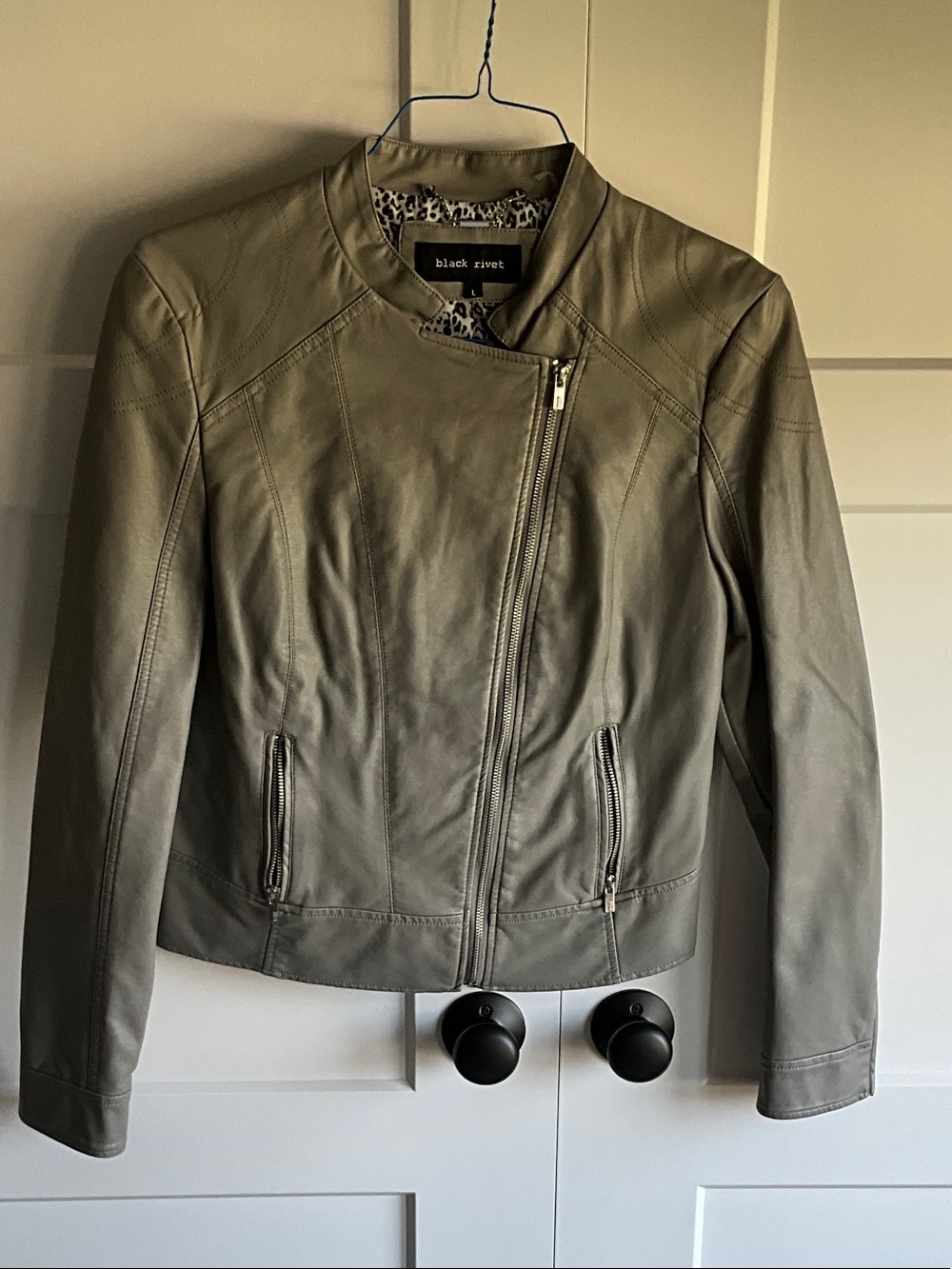 Black Rivet Women's Gray Leather Moto Jacket with Leopard Trim